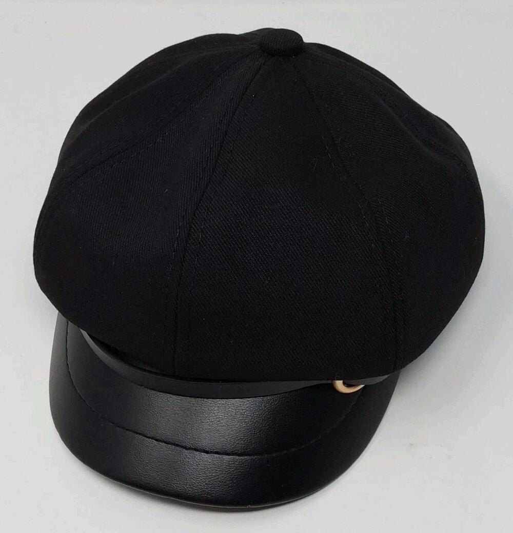 Black Baker Boy Newsboy Cap Faux Leather Brim Women's One Size Hat - Picture 1 of 6